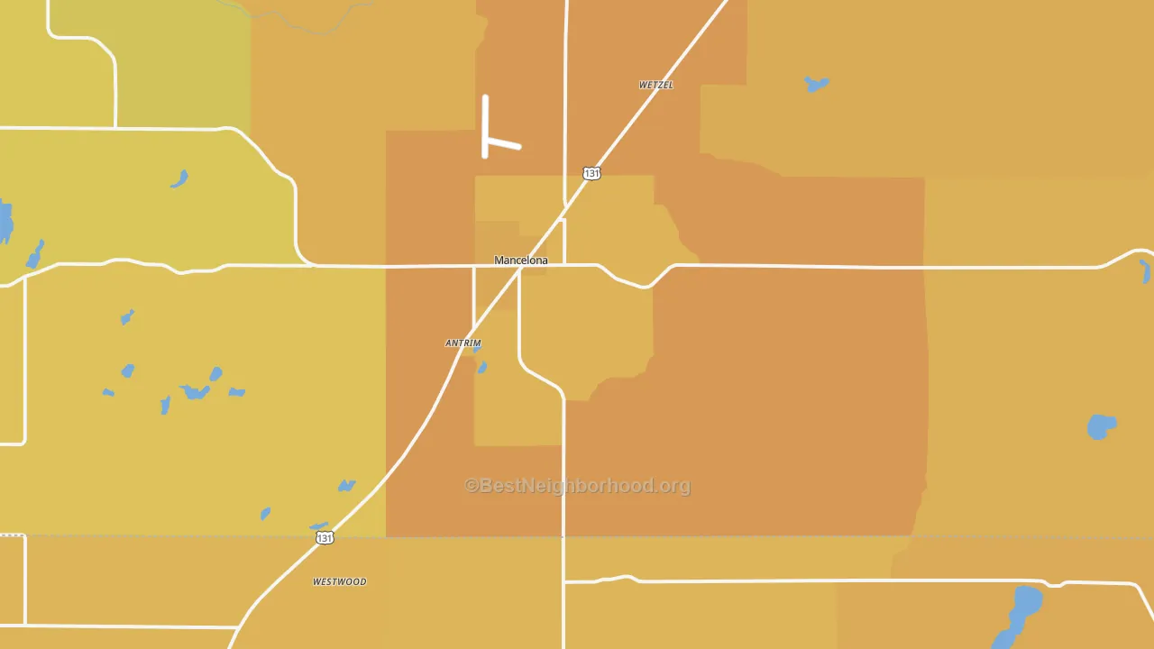 Map of the best neighborhoods in the 49659 area, with better matches in green and worse matches in red