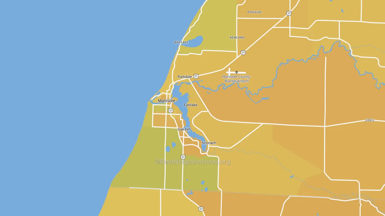 Map of the best neighborhoods in the 49660 area, with better matches in green and worse matches in red