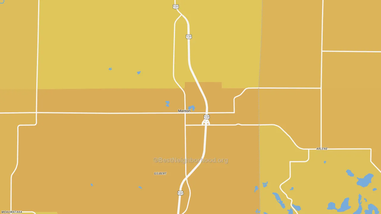 Map of the best neighborhoods in the 49663 area, with better matches in green and worse matches in red