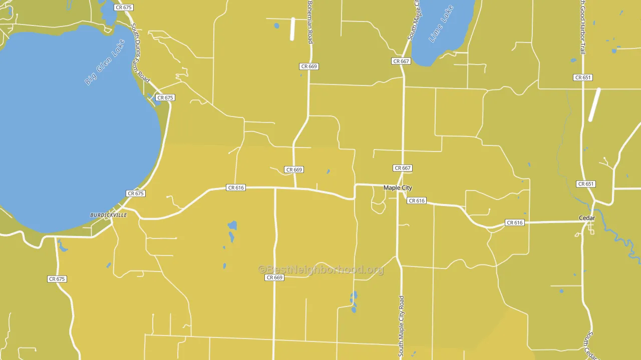 Map of the best neighborhoods in the 49664 area, with better matches in green and worse matches in red