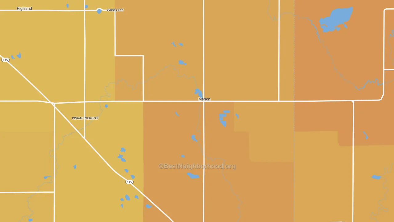 Map of the best neighborhoods in the 49665 area, with better matches in green and worse matches in red