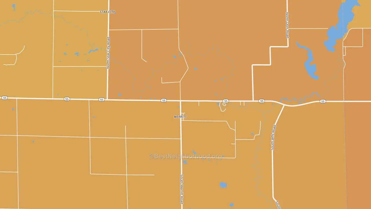 Map of the best neighborhoods in the 49667 area, with better matches in green and worse matches in red