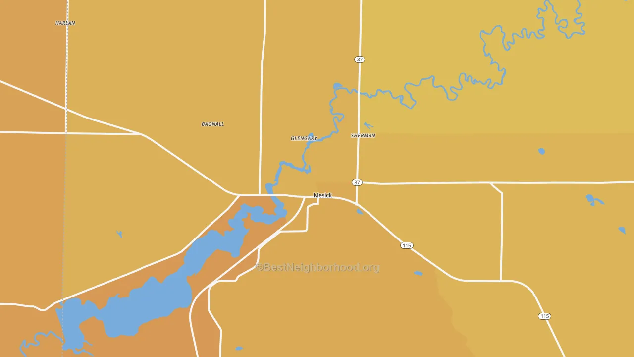 Map of the best neighborhoods in the 49668 area, with better matches in green and worse matches in red