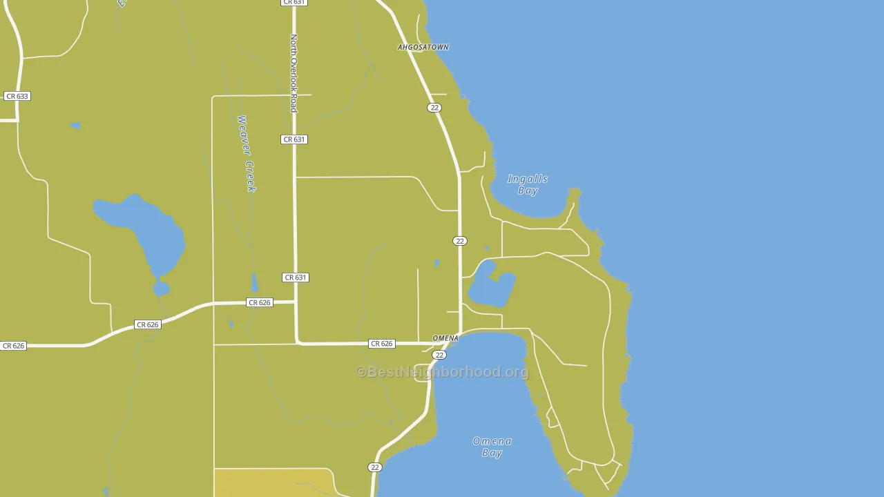 Map of the best neighborhoods in the 49674 area, with better matches in green and worse matches in red