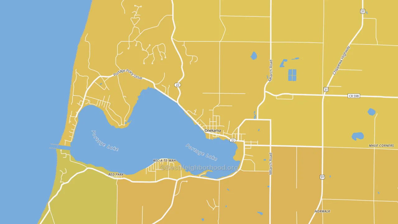 Map of the best neighborhoods in the 49675 area, with better matches in green and worse matches in red