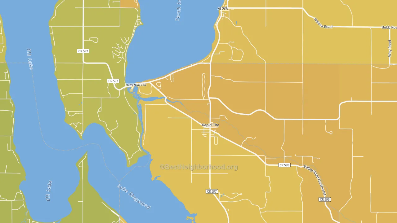 Map of the best neighborhoods in the 49676 area, with better matches in green and worse matches in red
