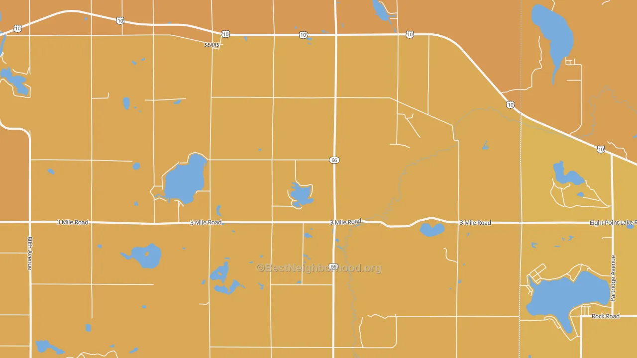 Map of the best neighborhoods in the 49679 area, with better matches in green and worse matches in red