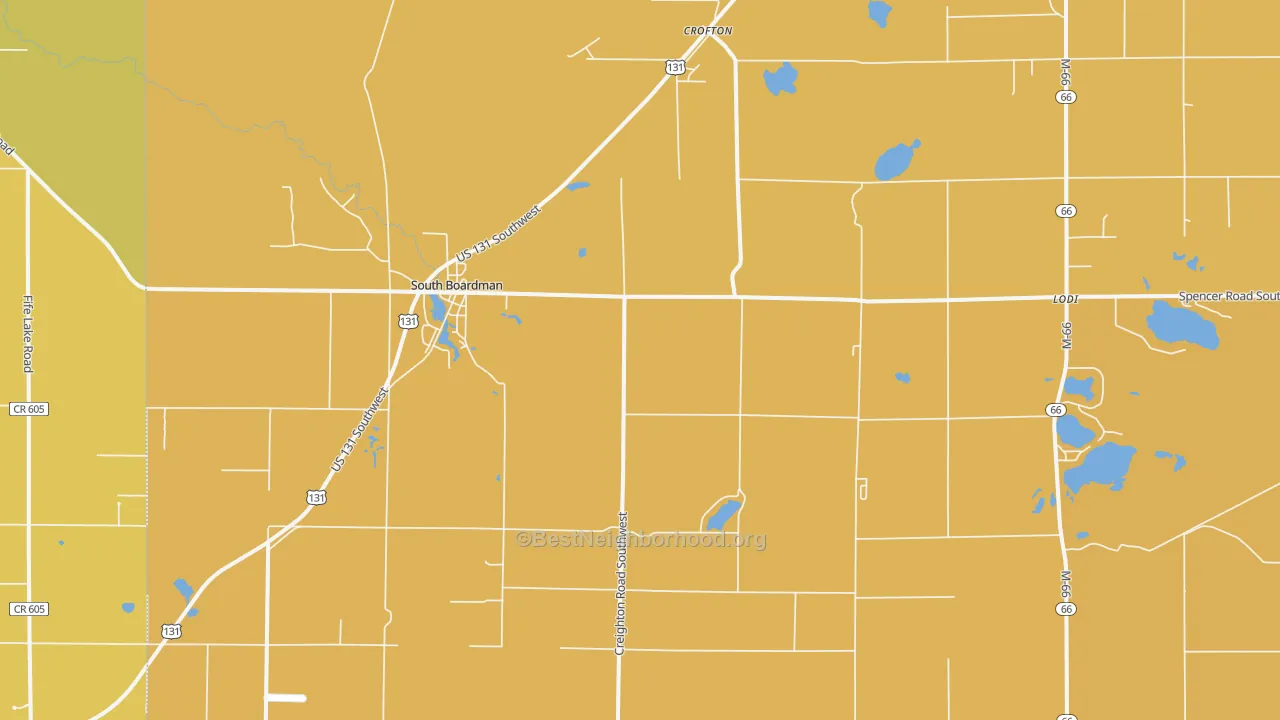 Map of the best neighborhoods in the 49680 area, with better matches in green and worse matches in red