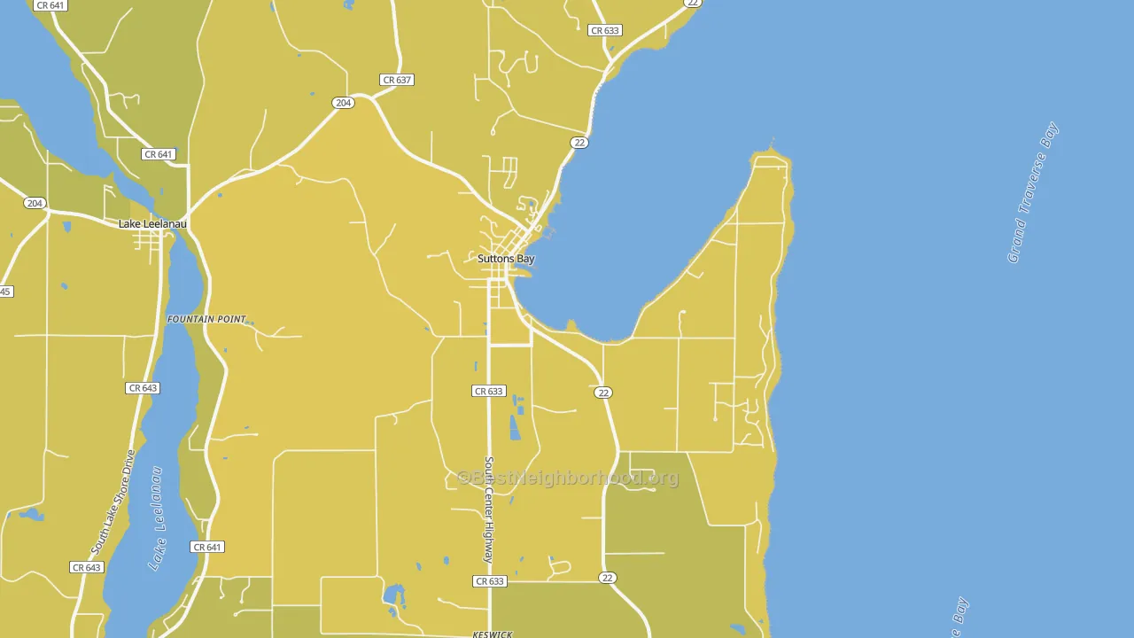 Map of the best neighborhoods in the 49682 area, with better matches in green and worse matches in red