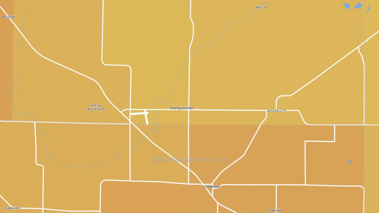 Map of the best neighborhoods in the 49683 area, with better matches in green and worse matches in red