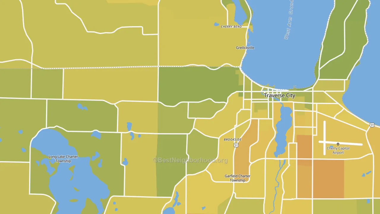 Map of the best neighborhoods in the 49684 area, with better matches in green and worse matches in red