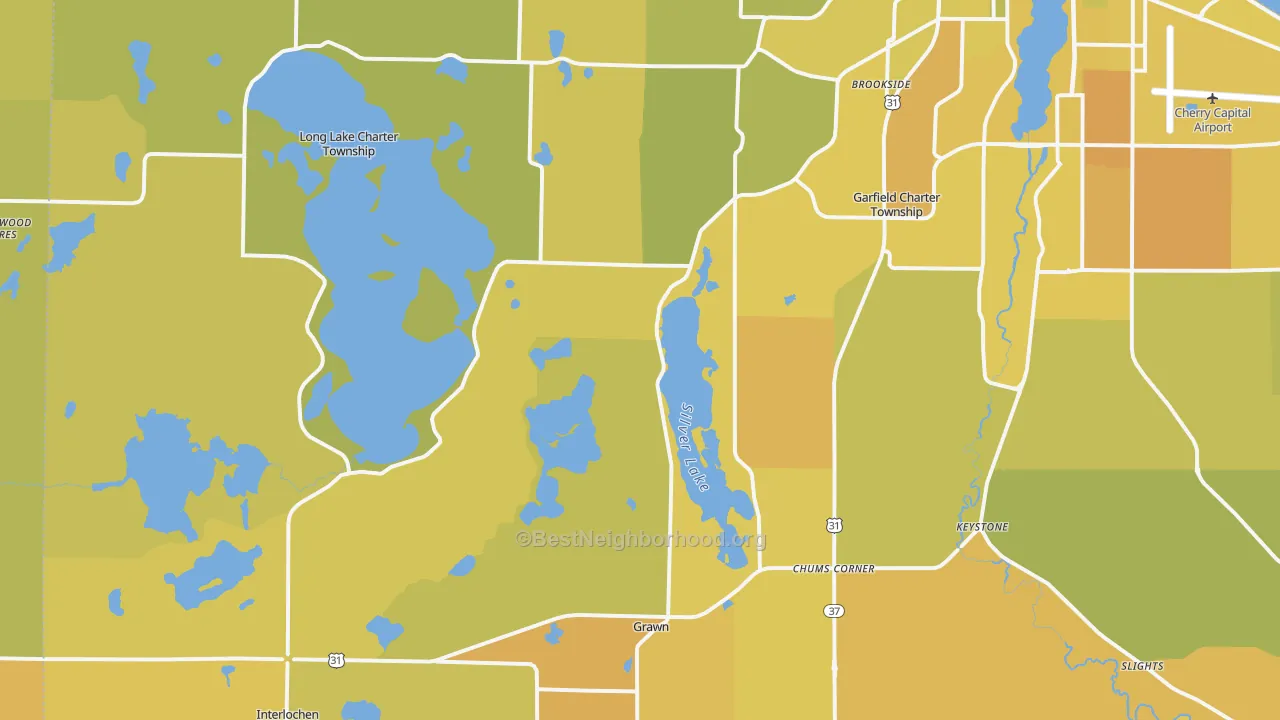 Map of the best neighborhoods in the 49685 area, with better matches in green and worse matches in red