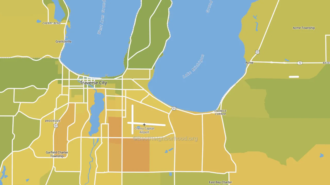 Map of the best neighborhoods in the 49686 area, with better matches in green and worse matches in red