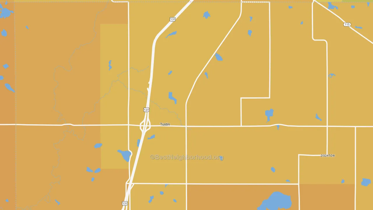 Map of the best neighborhoods in the 49688 area, with better matches in green and worse matches in red