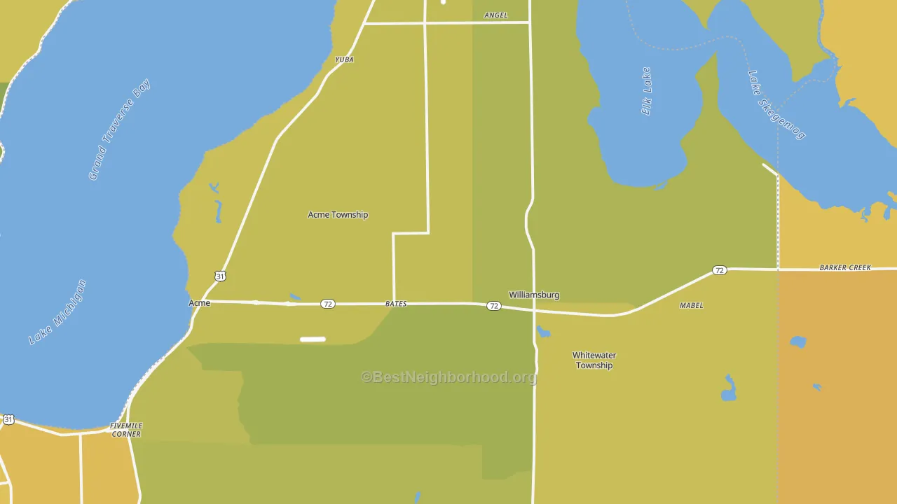Map of the best neighborhoods in the 49690 area, with better matches in green and worse matches in red