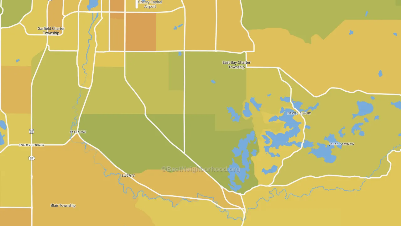 Map of the best neighborhoods in the 49696 area, with better matches in green and worse matches in red