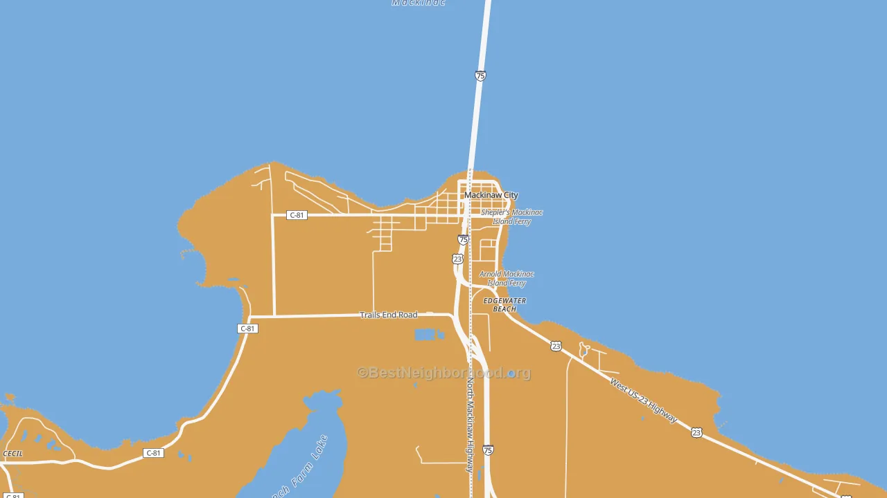 Map of the best neighborhoods in the 49701 area, with better matches in green and worse matches in red