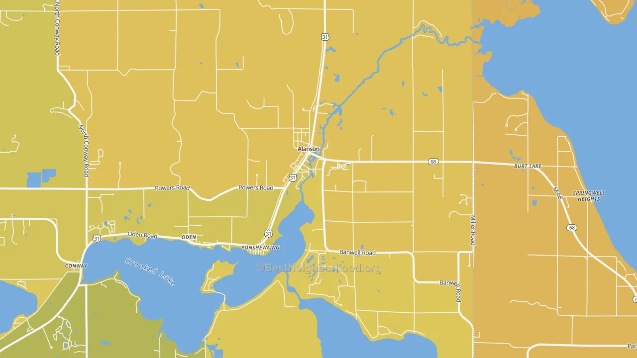 Map of the best neighborhoods in the 49706 area, with better matches in green and worse matches in red