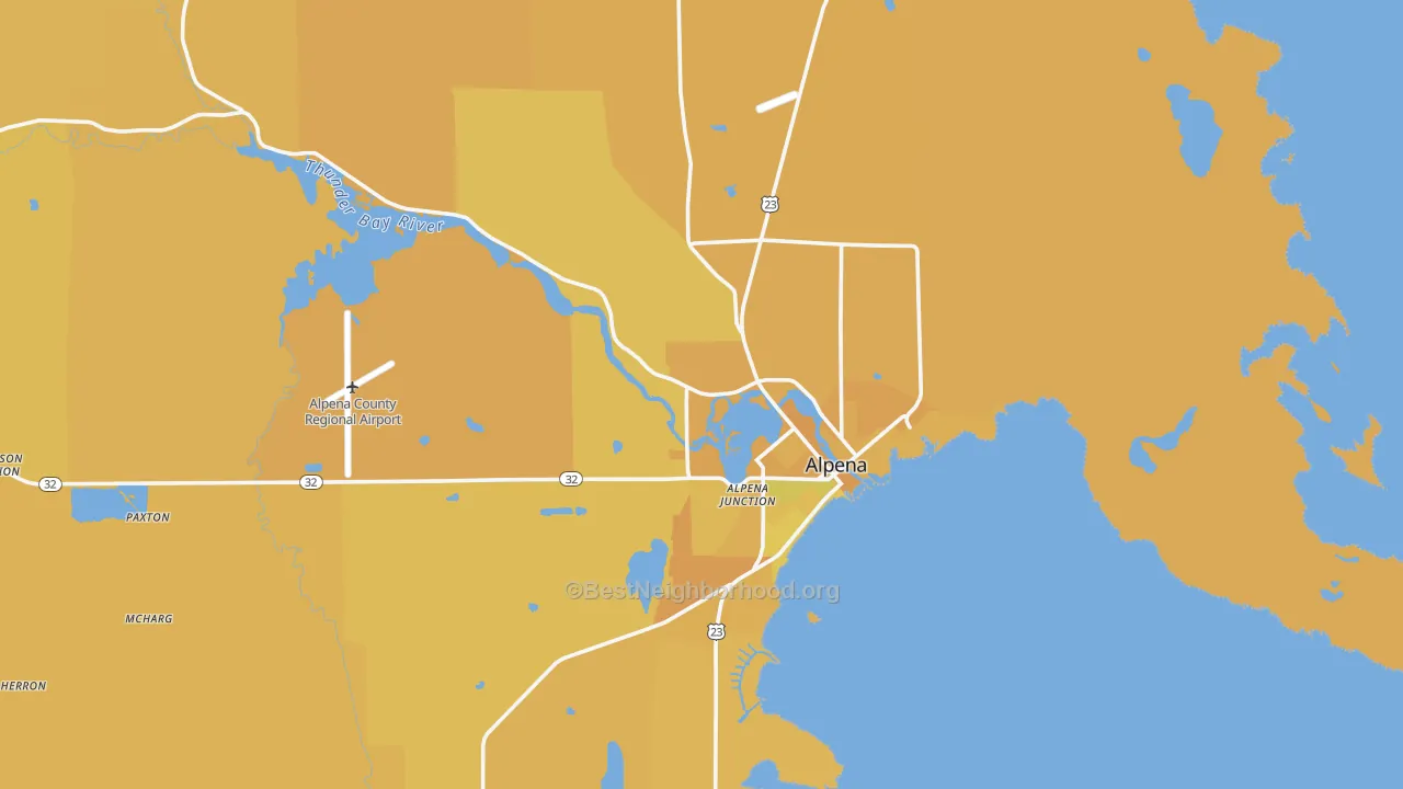 Map of the best neighborhoods in the 49707 area, with better matches in green and worse matches in red