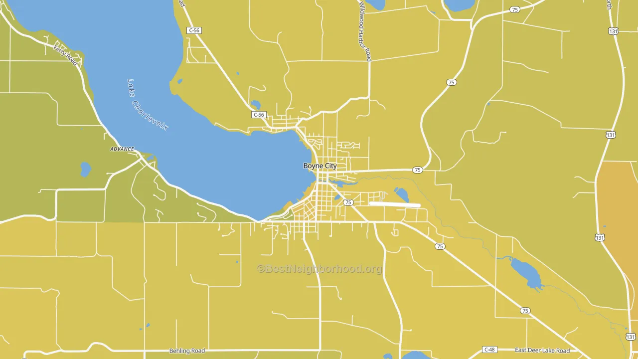 Map of the best neighborhoods in the 49712 area, with better matches in green and worse matches in red
