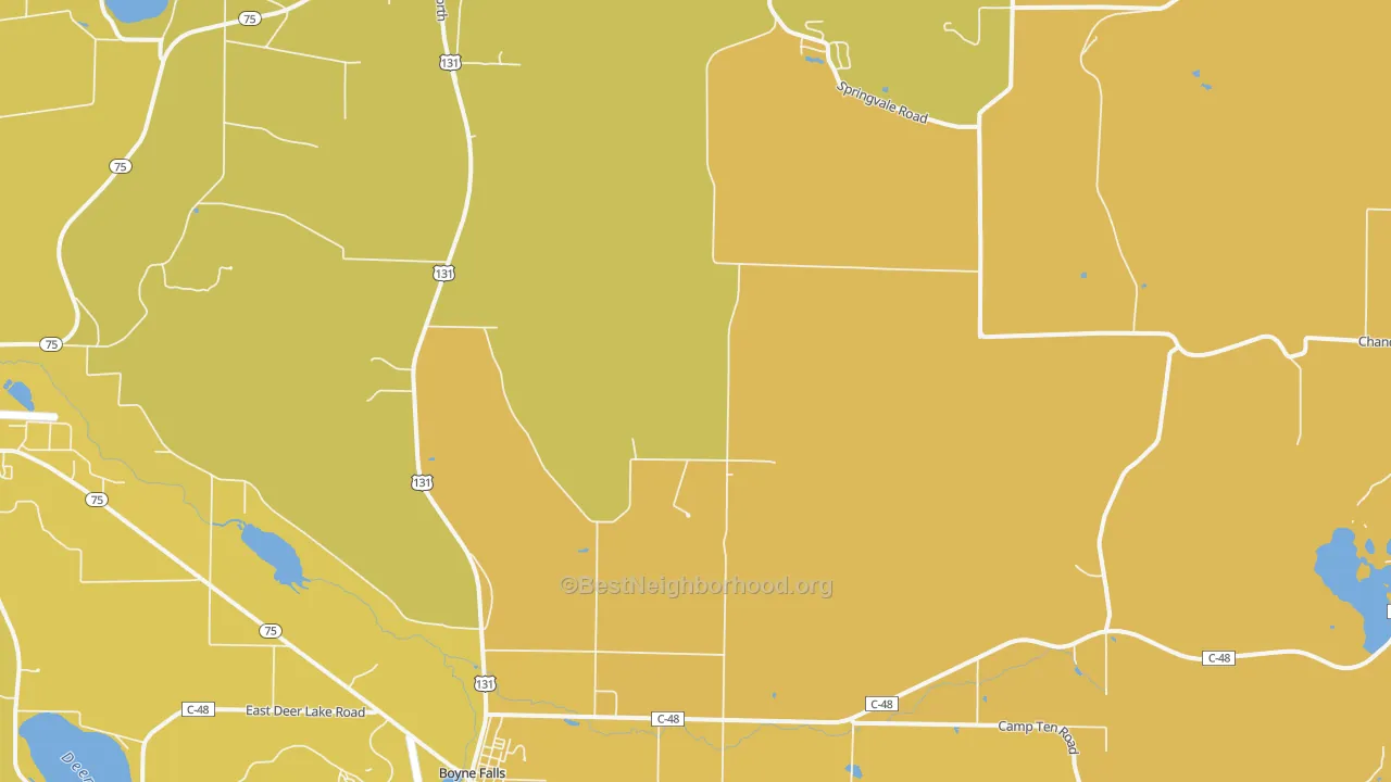 Map of the best neighborhoods in the 49713 area, with better matches in green and worse matches in red