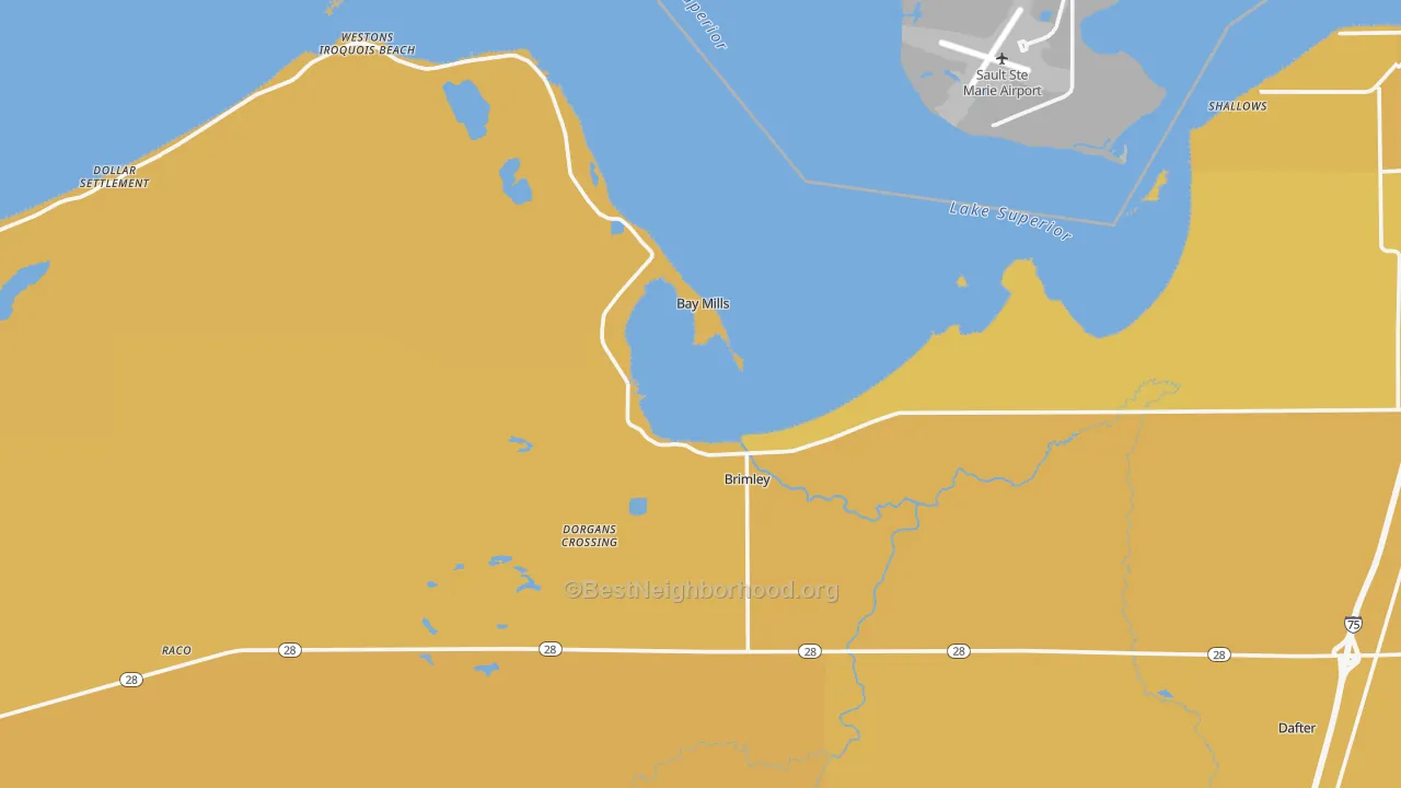 Map of the best neighborhoods in the 49715 area, with better matches in green and worse matches in red