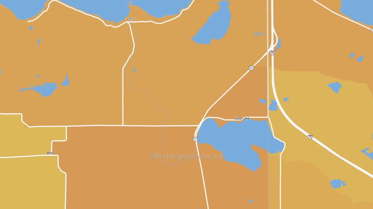 Map of the best neighborhoods in the 49718 area, with better matches in green and worse matches in red