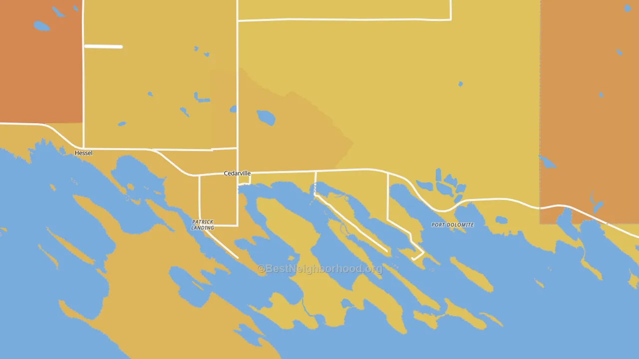 Map of the best neighborhoods in the 49719 area, with better matches in green and worse matches in red