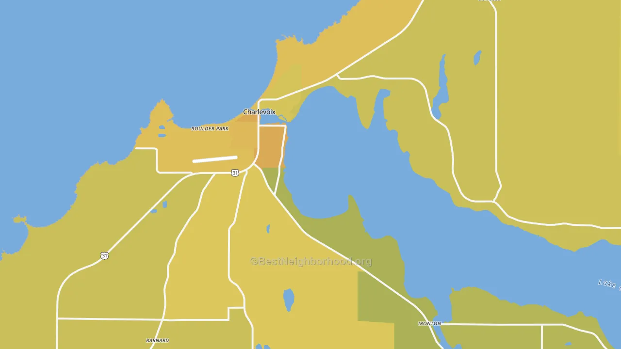 Map of the best neighborhoods in the 49720 area, with better matches in green and worse matches in red