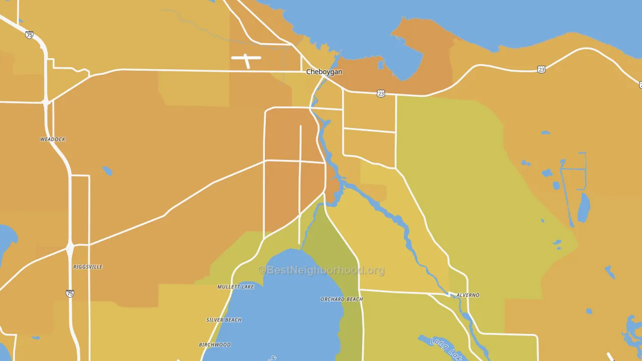 Map of the best neighborhoods in the 49721 area, with better matches in green and worse matches in red