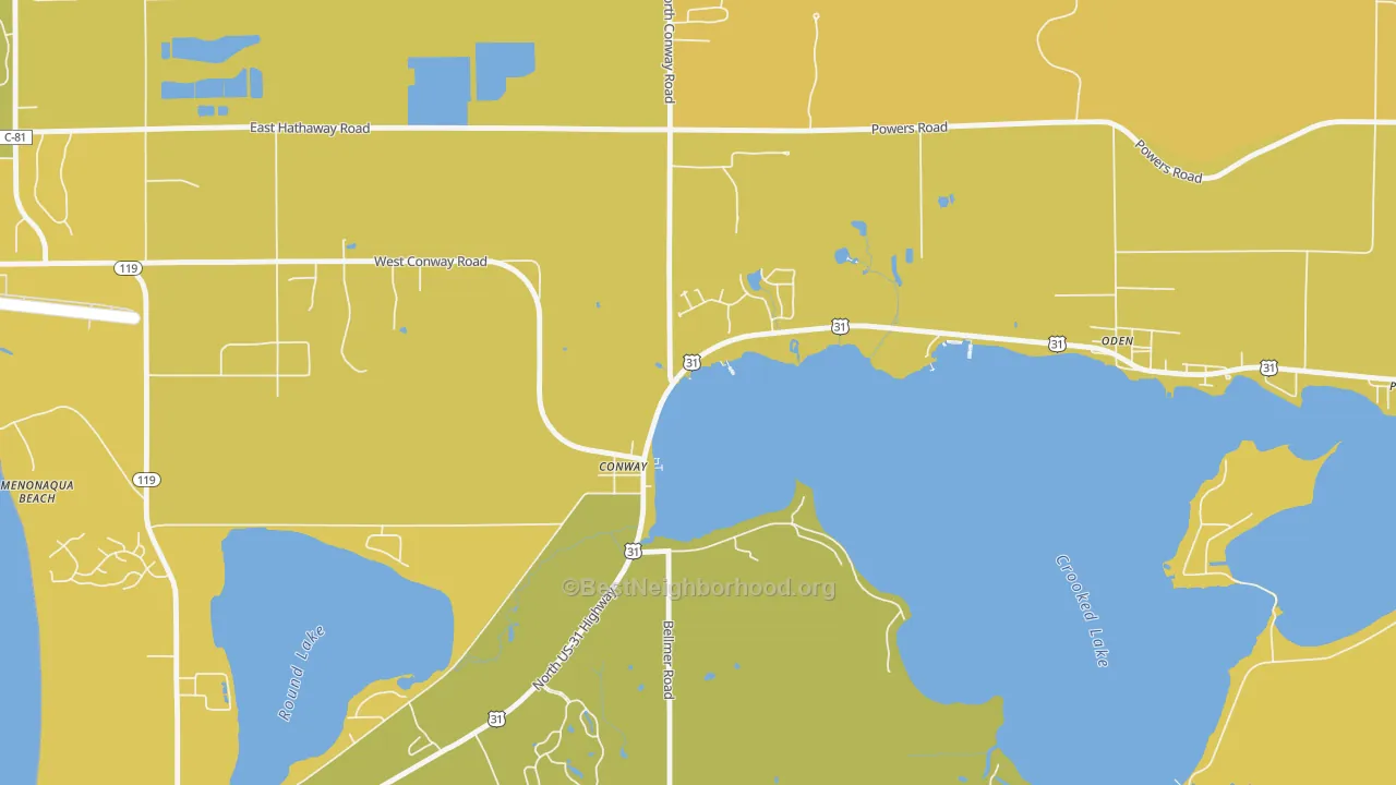 Map of the best neighborhoods in the 49722 area, with better matches in green and worse matches in red