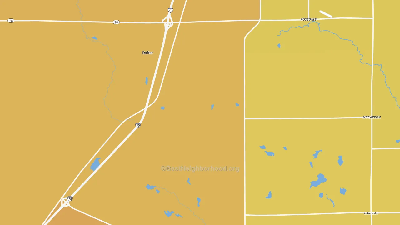 Map of the best neighborhoods in the 49724 area, with better matches in green and worse matches in red