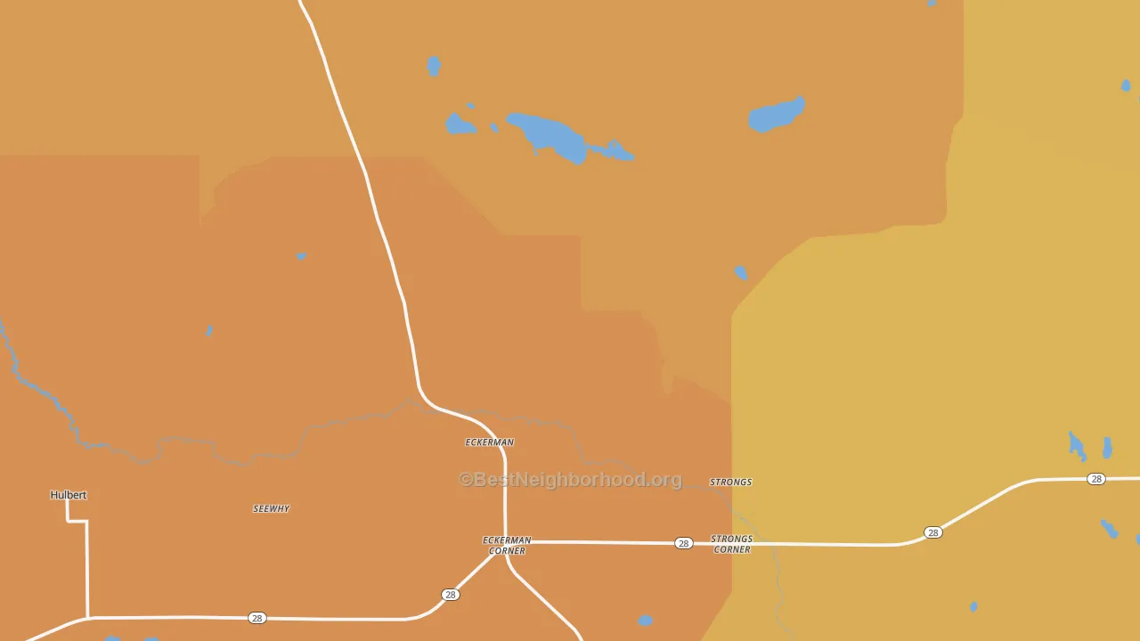 Map of the best neighborhoods in the 49728 area, with better matches in green and worse matches in red