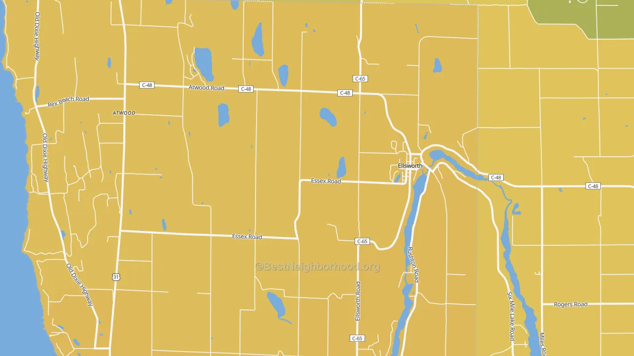 Map of the best neighborhoods in the 49729 area, with better matches in green and worse matches in red
