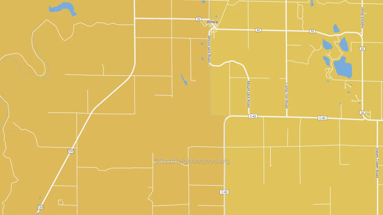 Map of the best neighborhoods in the 49730 area, with better matches in green and worse matches in red