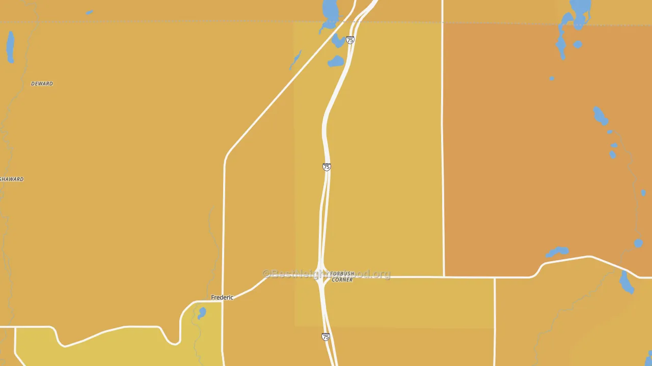 Map of the best neighborhoods in the 49733 area, with better matches in green and worse matches in red