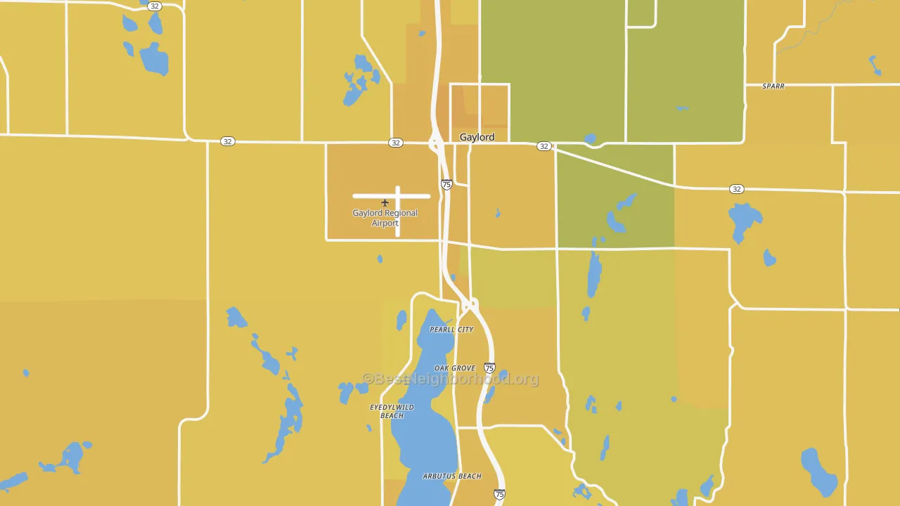 Map of the best neighborhoods in the 49735 area, with better matches in green and worse matches in red