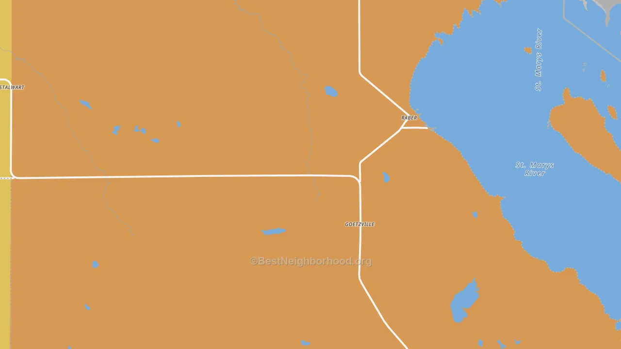 Map of the best neighborhoods in the 49736 area, with better matches in green and worse matches in red
