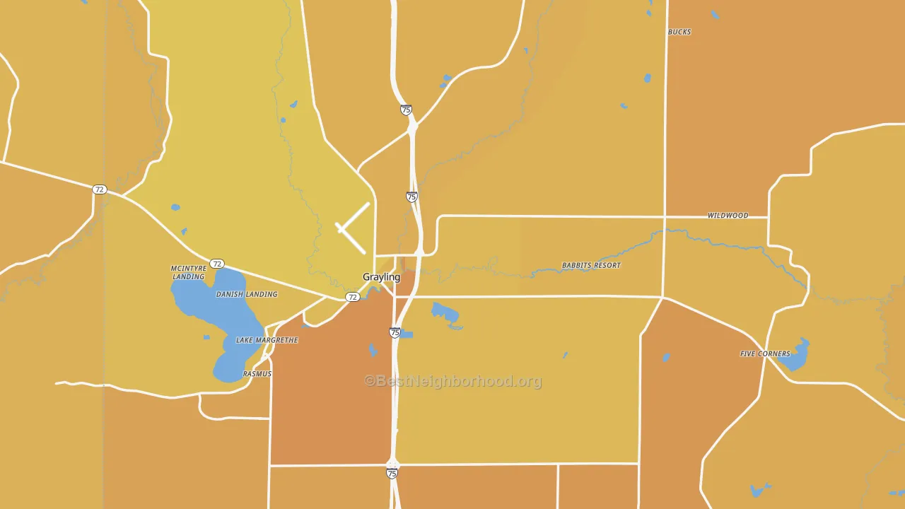 Map of the best neighborhoods in the 49738 area, with better matches in green and worse matches in red