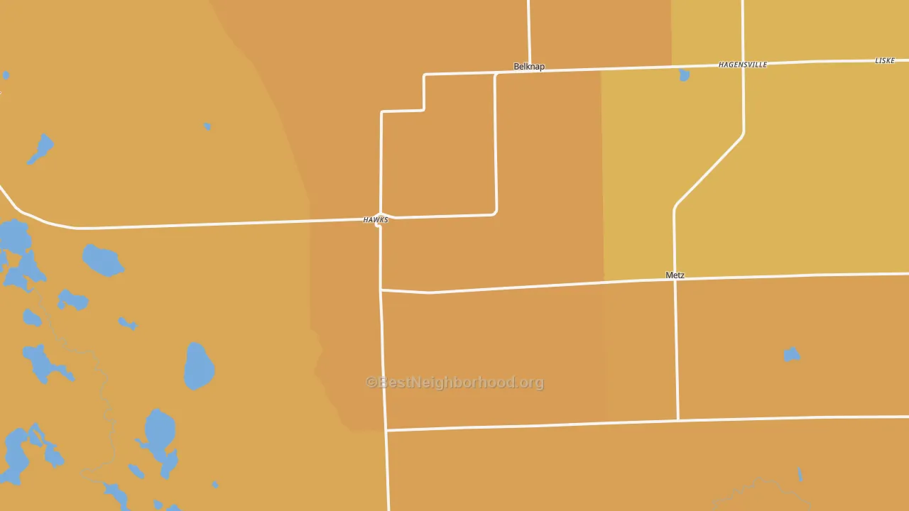 Map of the best neighborhoods in the 49743 area, with better matches in green and worse matches in red