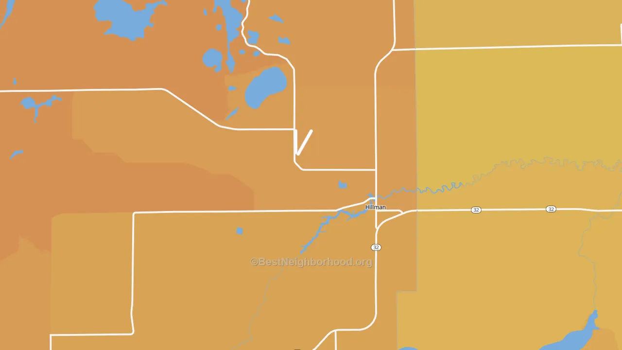 Map of the best neighborhoods in the 49746 area, with better matches in green and worse matches in red
