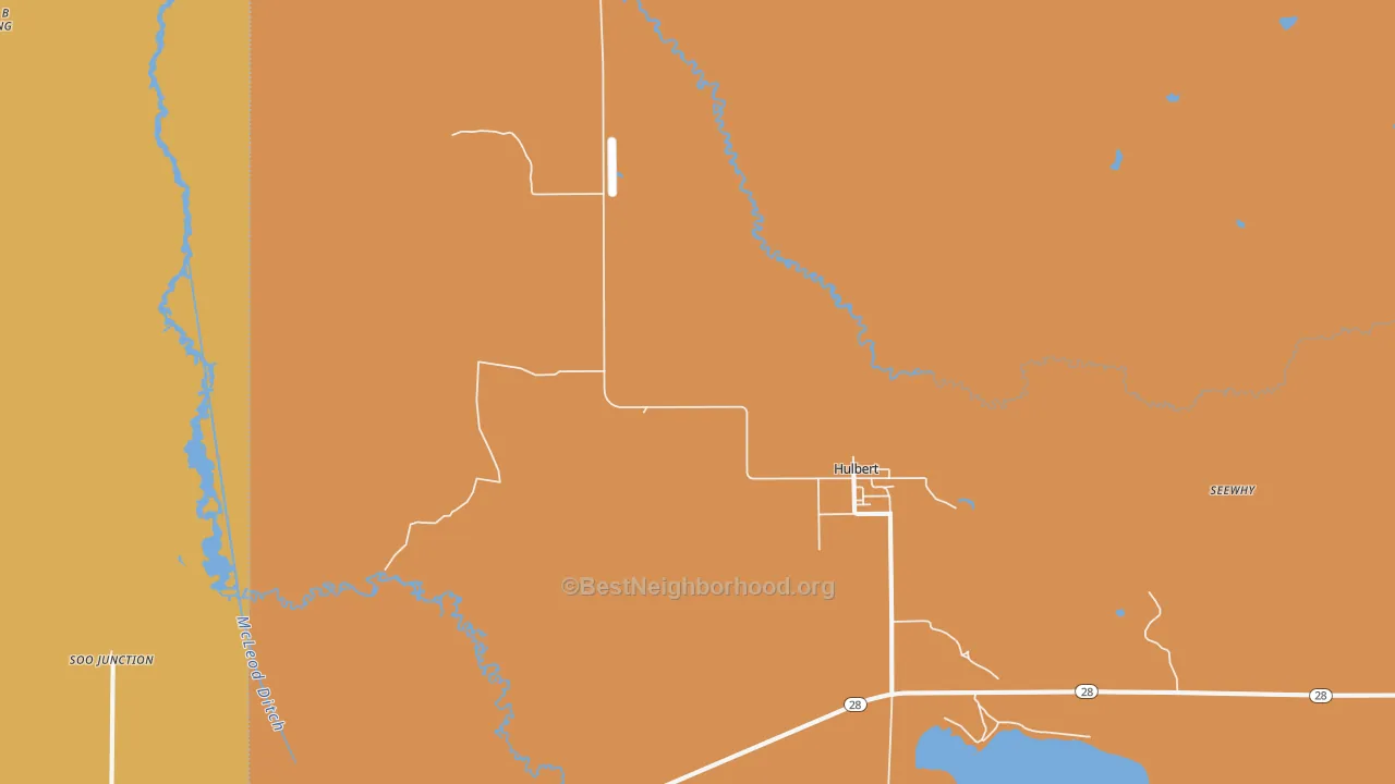 Map of the best neighborhoods in the 49748 area, with better matches in green and worse matches in red