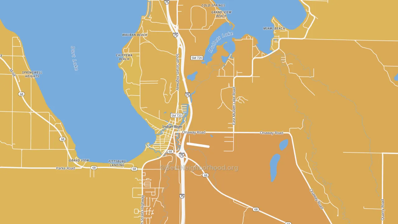 Map of the best neighborhoods in the 49749 area, with better matches in green and worse matches in red