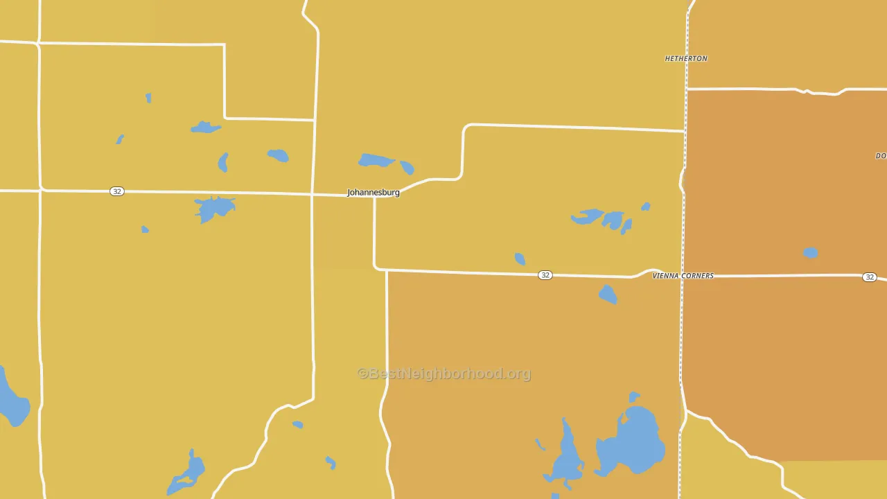 Map of the best neighborhoods in the 49751 area, with better matches in green and worse matches in red