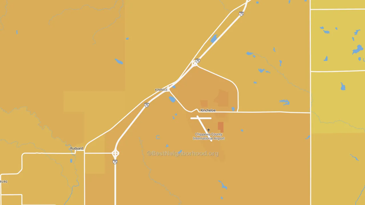 Map of the best neighborhoods in the 49752 area, with better matches in green and worse matches in red