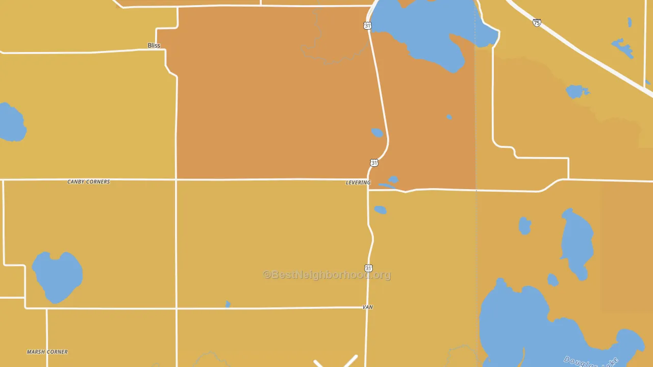 Map of the best neighborhoods in the 49755 area, with better matches in green and worse matches in red