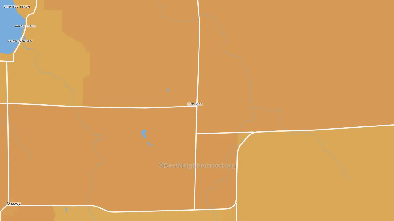 Map of the best neighborhoods in the 49759 area, with better matches in green and worse matches in red