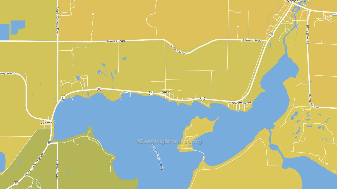 Map of the best neighborhoods in the 49764 area, with better matches in green and worse matches in red