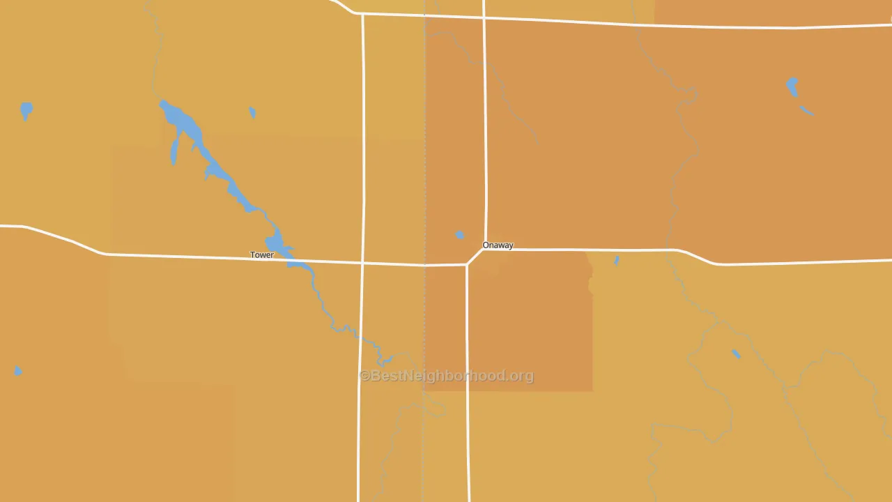 Map of the best neighborhoods in the 49765 area, with better matches in green and worse matches in red