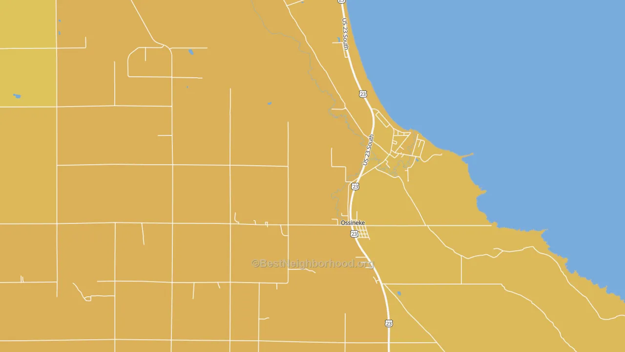 Map of the best neighborhoods in the 49766 area, with better matches in green and worse matches in red